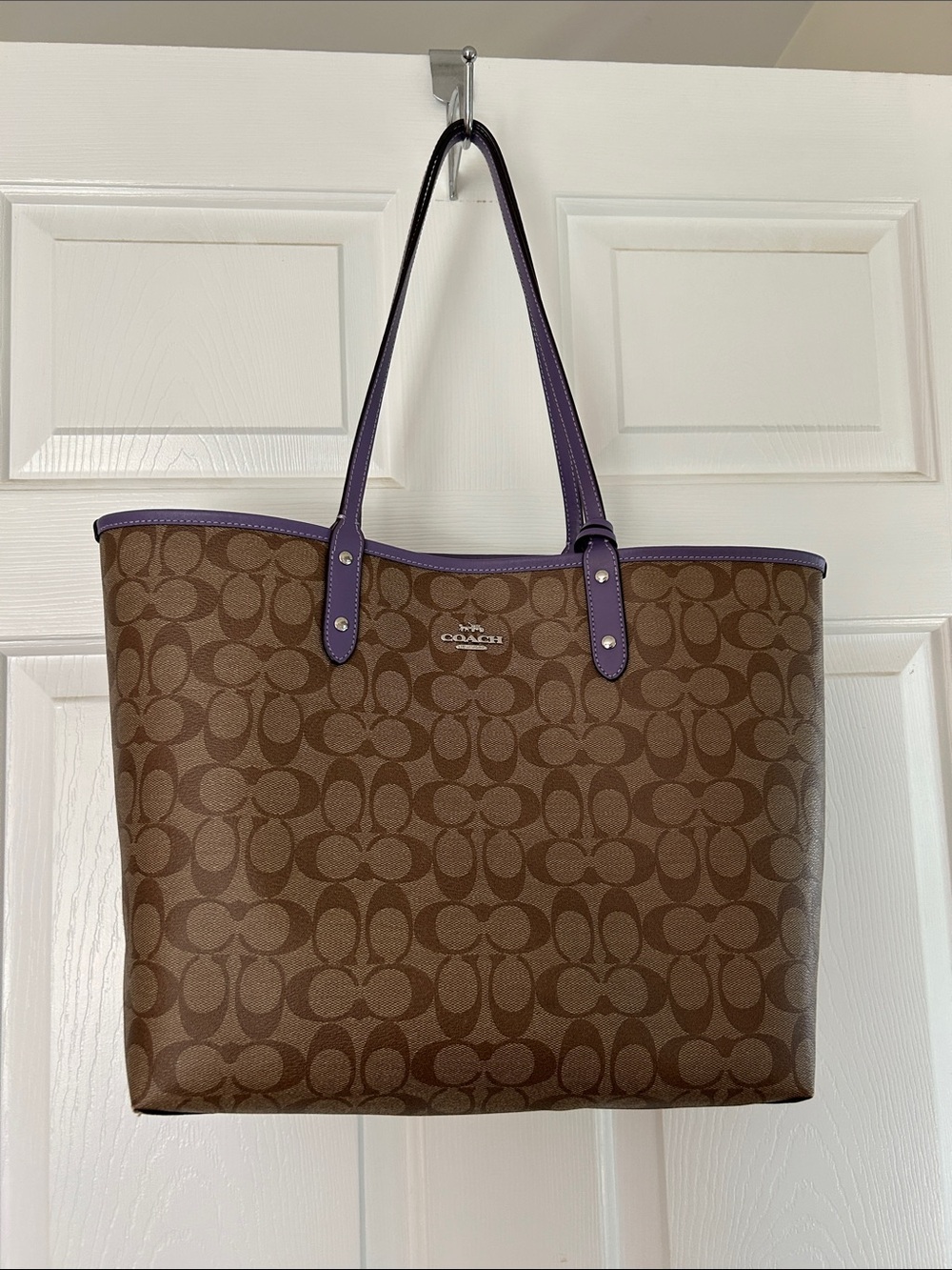 Coach Brown Signature Canvas Tote with Purple Trim